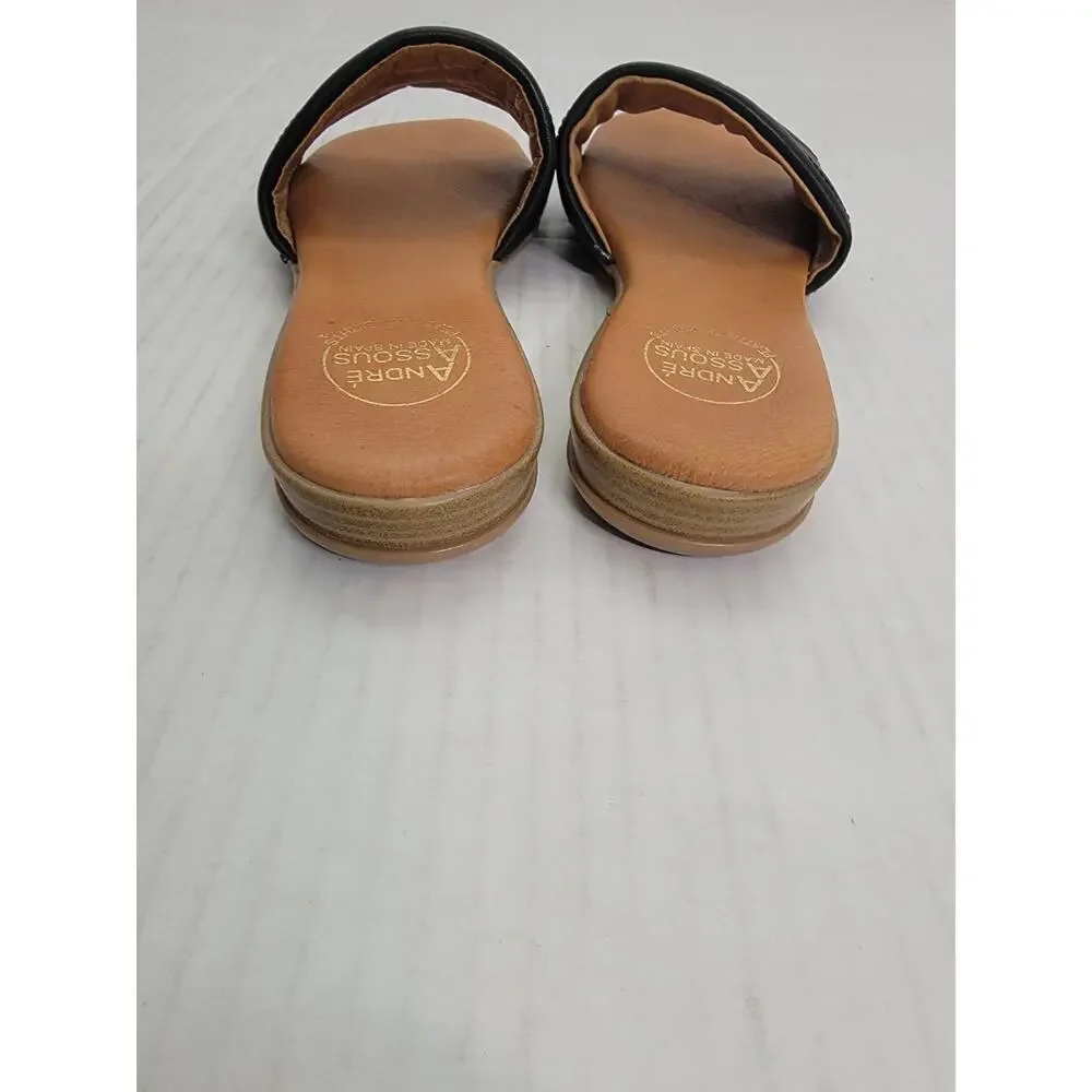 Andre Assous Sandals Womens Sz 9 Slip On Slide Black Tan Euro Summer Spain Made